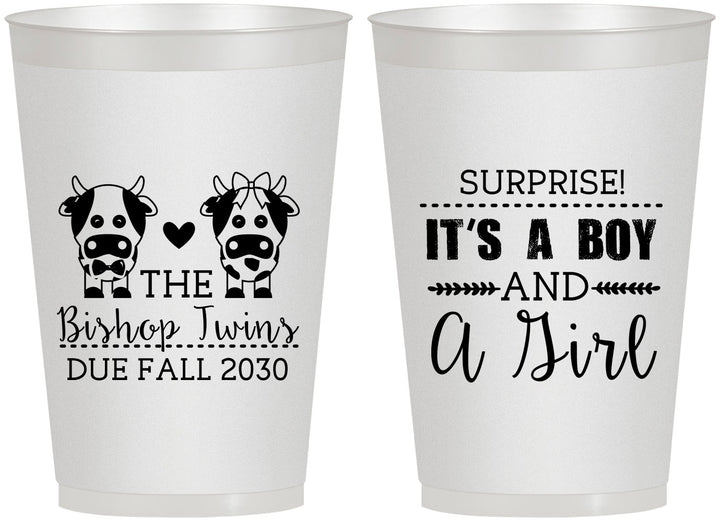 Personalized Baby Shower 12 oz Frosted Cups - Twins Baby Cows | 90067
