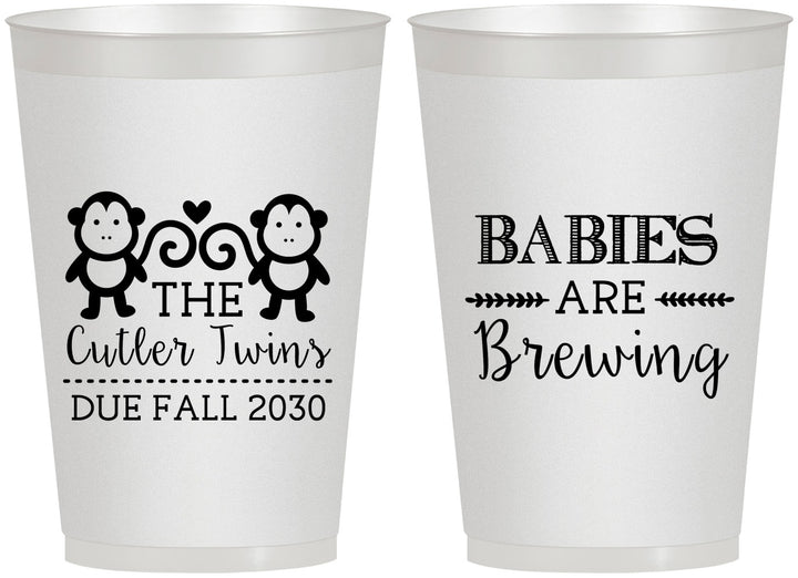 Personalized Baby Shower 12 oz Frosted Cups - Twins Baby Monkeys | 90068