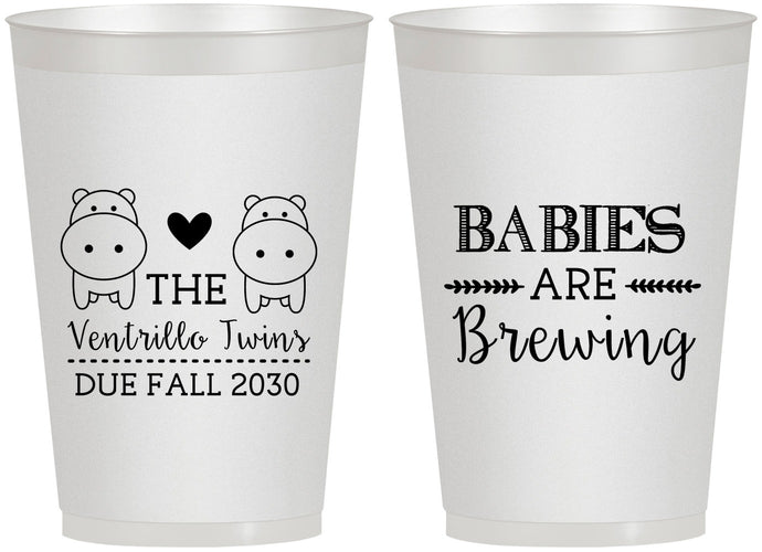 Personalized Baby Shower 12 oz Frosted Cups - Twins Baby Hippos | 90069
