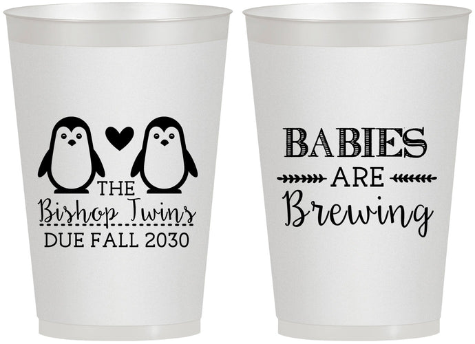 Personalized Baby Shower 12 oz Frosted Cups - Twins Baby Penguins | 90070