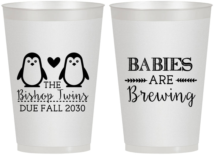 Personalized Baby Shower 12 oz Frosted Cups - Twins Baby Penguins | 90070