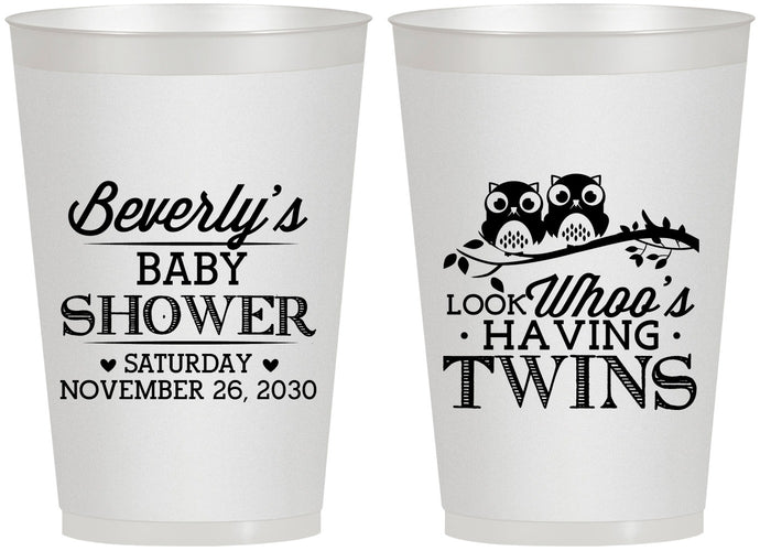 Personalized Baby Shower 12 oz Frosted Cups - Twins Baby Owls | 90074
