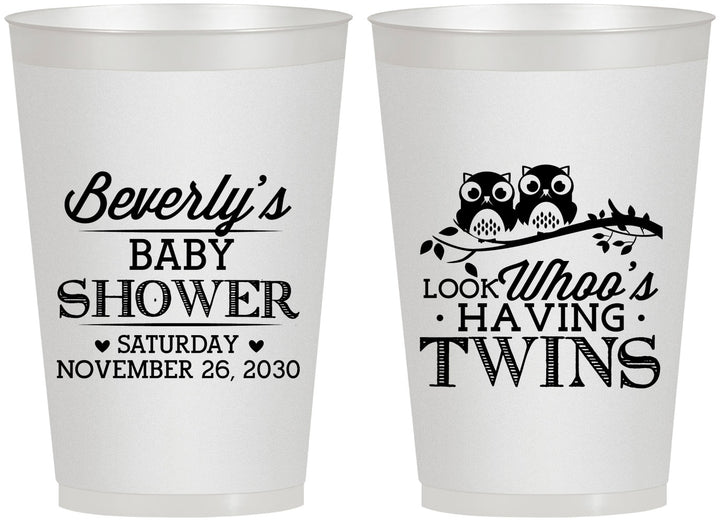 Personalized Baby Shower 12 oz Frosted Cups - Twins Baby Owls | 90074