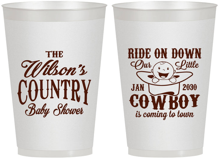 Personalized Baby Shower 12 oz Frosted Cups - Cowboy Coming To Town | 90105