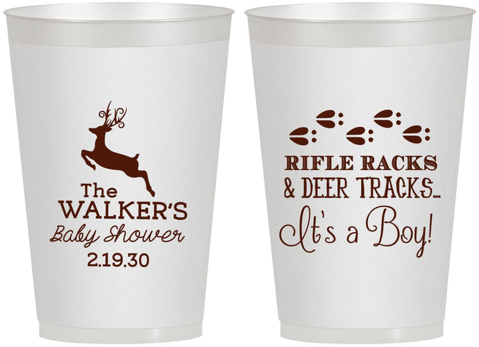 Personalized Baby Shower 12 oz Frosted Cups - Rifle Racks Deer Tracks | 90128