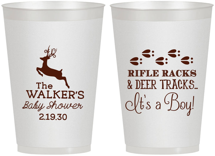 Personalized Baby Shower 12 oz Frosted Cups - Rifle Racks Deer Tracks | 90128