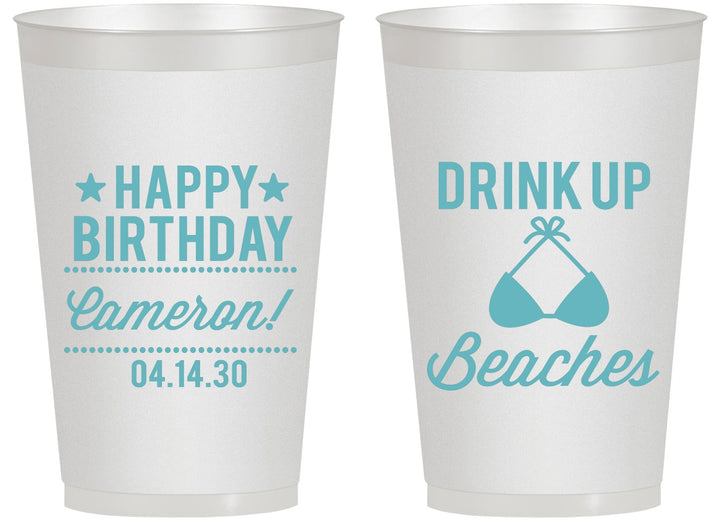 Personalized Birthday 14 oz Frosted Cups - Drink Up Beaches | 20208