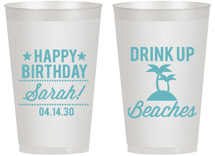Personalized Birthday 14 oz Frosted Cups - Drink Up Beaches | 20209