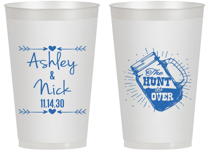 Personalized Wedding 14 oz Frosted Cups - The Hunt Is Over Mason Jar | 218