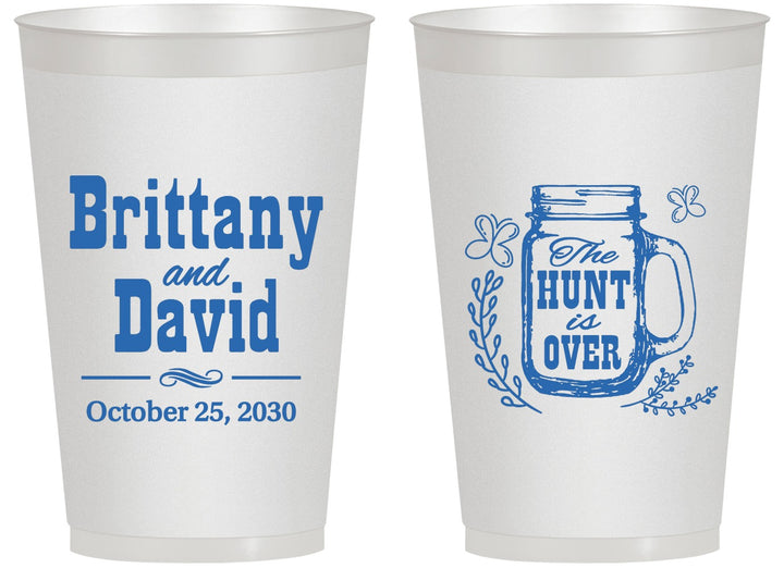 Personalized Wedding 14 oz Frosted Cups - The Hunt Is Over Mason Jar | 223
