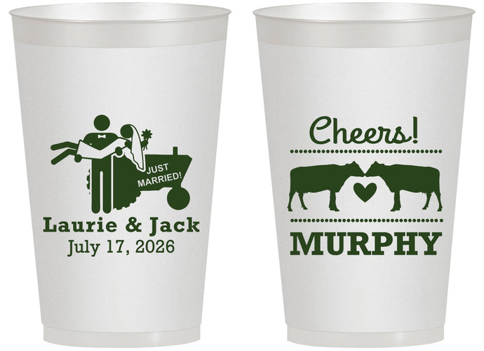 Personalized Wedding 14 oz Frosted Cups - Tractor Cows | 257
