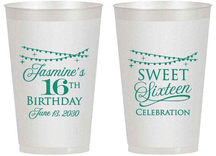Personalized 16th Birthday 14 oz Frosted Cups - String Lights | 300009