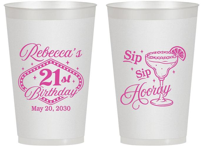 Personalized 21st Birthday 14 oz Frosted Cups - Sip Sip Hooray Vegas | 340006