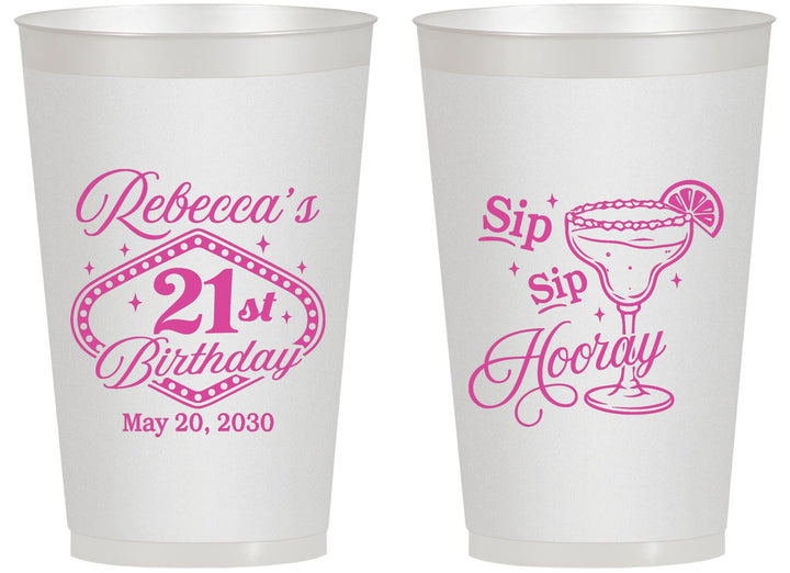 Personalized 21st Birthday 14 oz Frosted Cups - Sip Sip Hooray Vegas | 340006