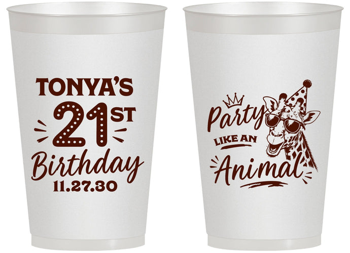 Personalized 21st Birthday 14 oz Frosted Cups - Party Like An Animal Giraffe | 340022