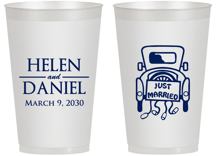 Personalized Wedding 14 oz Frosted Cups - Just Married Old Car | 413