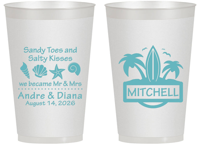 Personalized Wedding 14 oz Frosted Cups - Sandy Toes Salty Kisses | 419