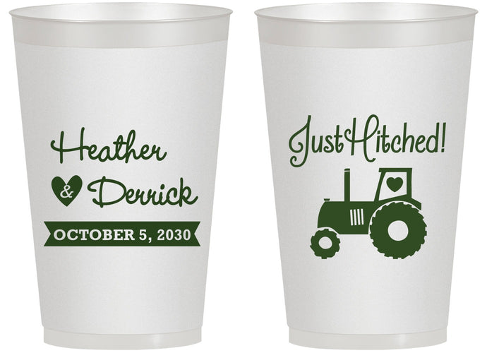 Personalized Wedding 14 oz Frosted Cups - Just Hitched Tractor | 482