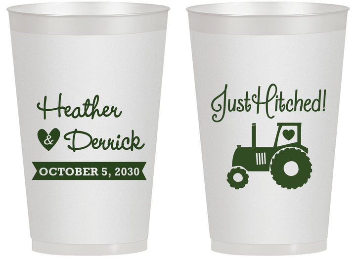Personalized Wedding 14 oz Frosted Cups - Just Hitched Tractor | 482