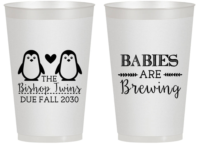 Personalized Baby Shower 14 oz Frosted Cups - Twins Baby Penguins | 90070