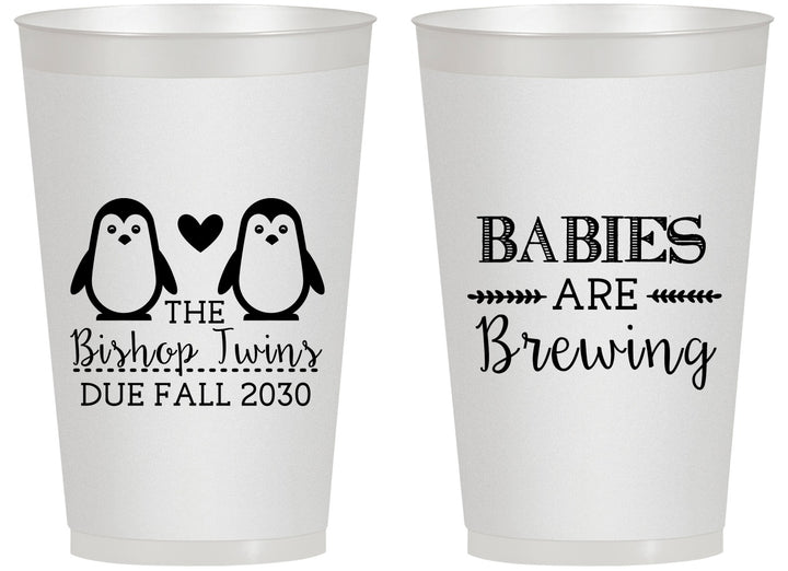 Personalized Baby Shower 14 oz Frosted Cups - Twins Baby Penguins | 90070