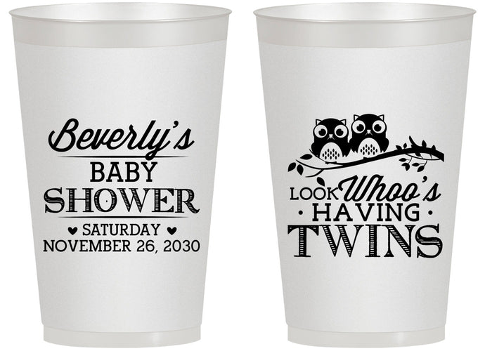 Personalized Baby Shower 14 oz Frosted Cups - Twins Baby Owls | 90074