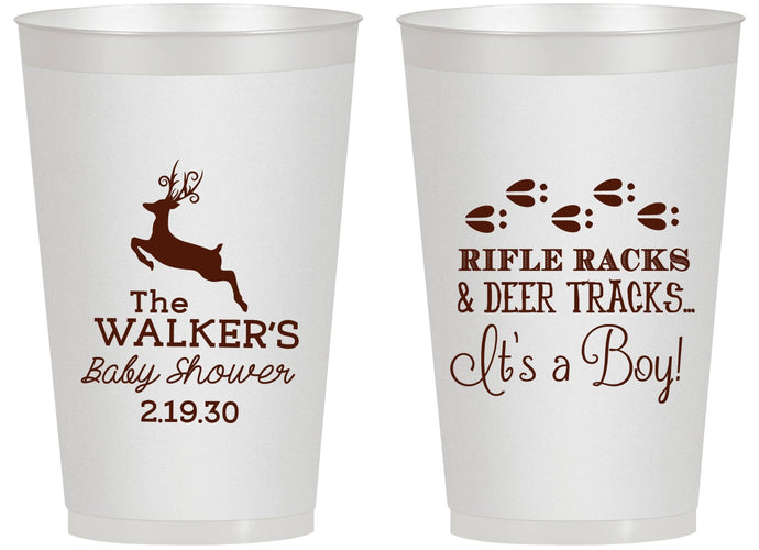 Personalized Baby Shower 14 oz Frosted Cups - Rifle Racks Deer Tracks | 90128