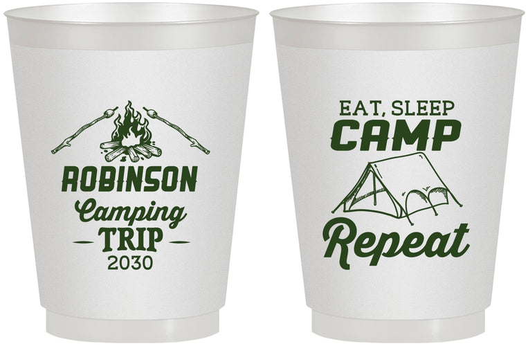 Personalized Family Vacation 16 oz Frosted Cups - Eat Sleep Camp Repeat | 180014