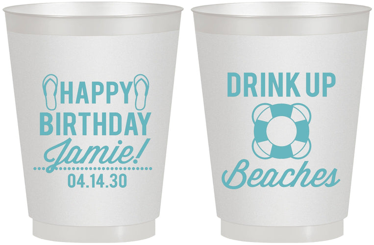 Personalized Birthday 16 oz Frosted Cups - Drink Up Beaches | 20207