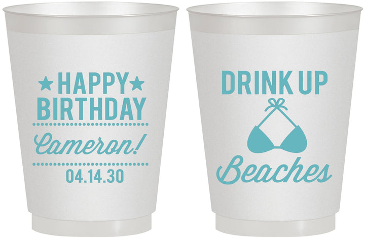 Personalized Birthday 16 oz Frosted Cups - Drink Up Beaches | 20208