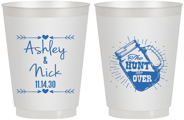 Personalized Wedding 16 oz Frosted Cups - The Hunt Is Over Mason Jar | 218