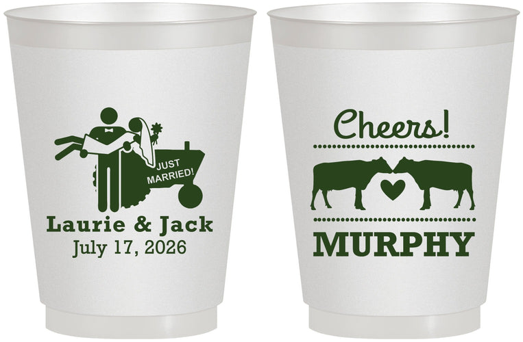Personalized Wedding 16 oz Frosted Cups - Tractor Cows | 257