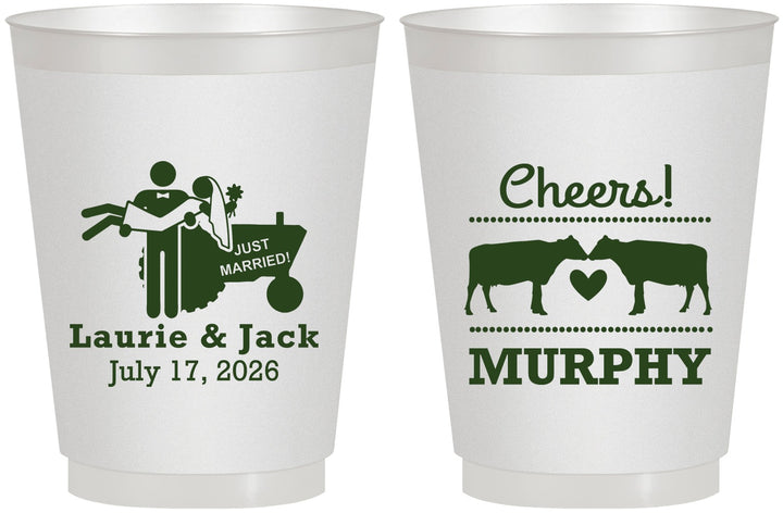 Personalized Wedding 16 oz Frosted Cups - Tractor Cows | 257