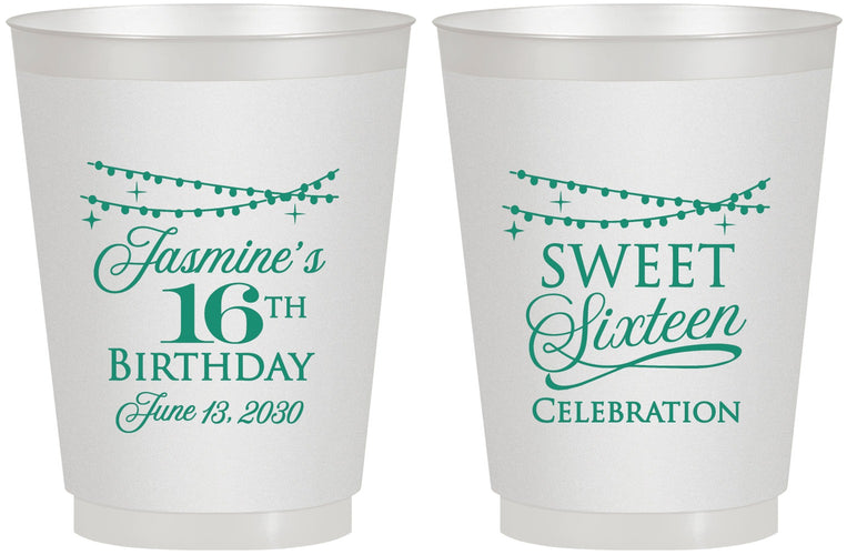 Personalized 16th Birthday 16 oz Frosted Cups - String Lights | 300009