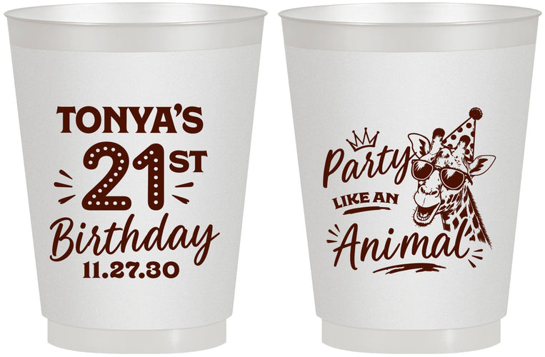 Personalized 21st Birthday 16 oz Frosted Cups - Party Like An Animal Giraffe | 340022