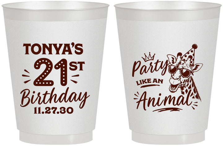 Personalized 21st Birthday 16 oz Frosted Cups - Party Like An Animal Giraffe | 340022