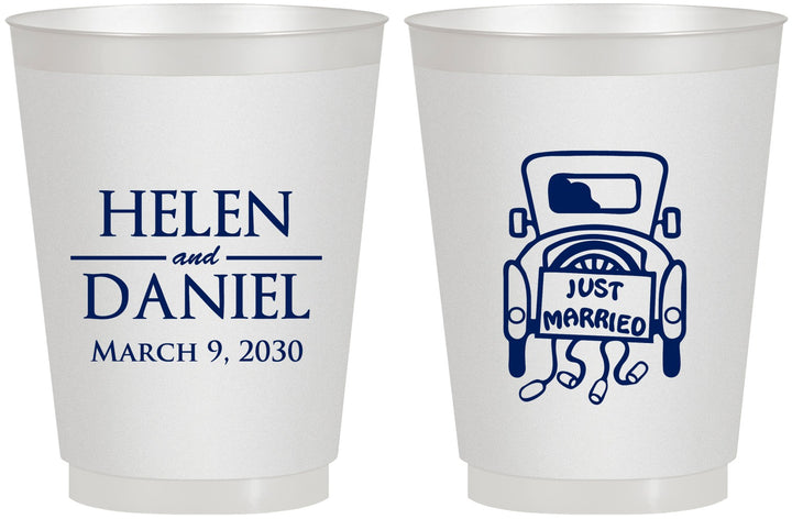 Personalized Wedding 16 oz Frosted Cups - Just Married Old Car | 413