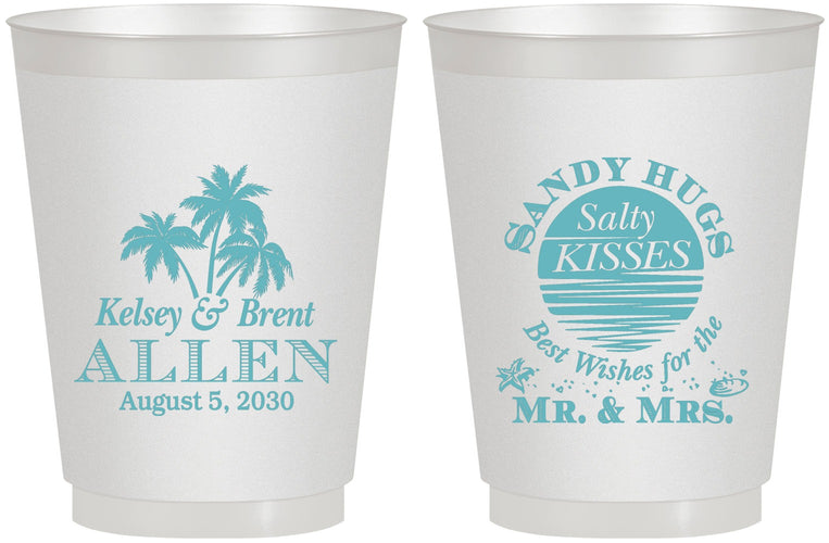 Personalized Wedding 16 oz Frosted Cups - Sandy Hugs Salty Kisses | 425