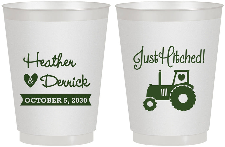 Personalized Wedding 16 oz Frosted Cups - Just Hitched Tractor | 482