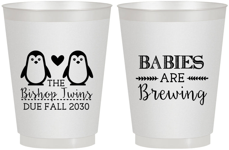 Personalized Baby Shower 16 oz Frosted Cups - Twins Baby Penguins | 90070