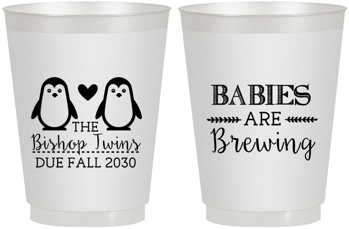 Personalized Baby Shower 16 oz Frosted Cups - Twins Baby Penguins | 90070