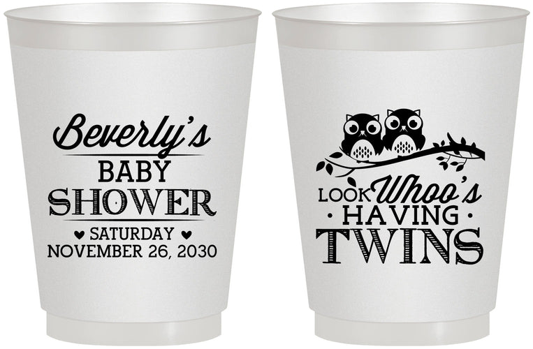 Personalized Baby Shower 16 oz Frosted Cups - Twins Baby Owls | 90074