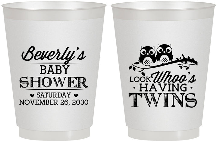 Personalized Baby Shower 16 oz Frosted Cups - Twins Baby Owls | 90074