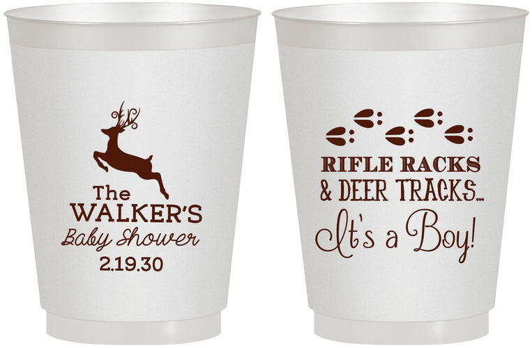 Personalized Baby Shower 16 oz Frosted Cups - Rifle Racks Deer Tracks | 90128