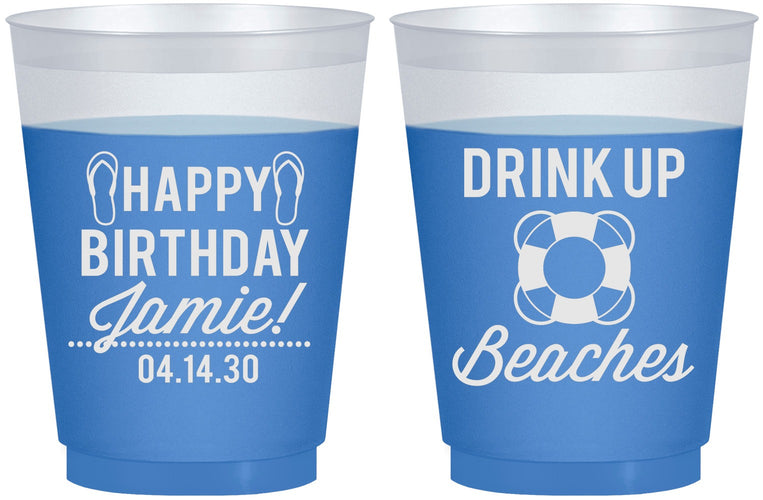 Custom Birthday 16 oz Color Changing Frosted Cups - Drink Up Beaches | 20207