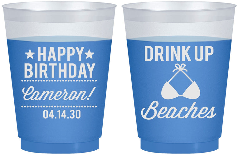 Custom Birthday 16 oz Color Changing Frosted Cups - Drink Up Beaches | 20208