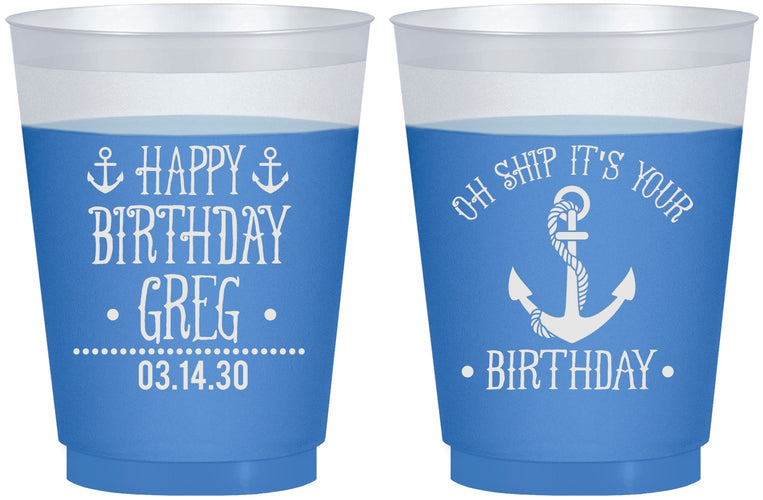 Custom Birthday 16 oz Color Changing Frosted Cups - Oh Ship Nautical | 20238