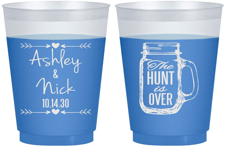 Custom Wedding 16 oz Color Changing Frosted Cups - The Hunt Is Over Mason Jar | 211