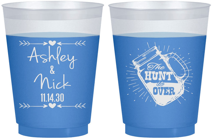 Custom Wedding 16 oz Color Changing Frosted Cups - The Hunt Is Over Mason Jar | 218