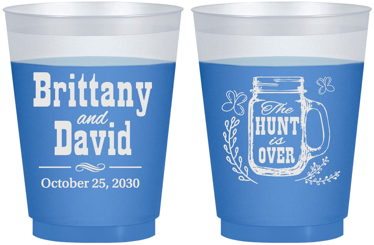 Custom Wedding 16 oz Color Changing Frosted Cups - The Hunt Is Over Mason Jar | 223